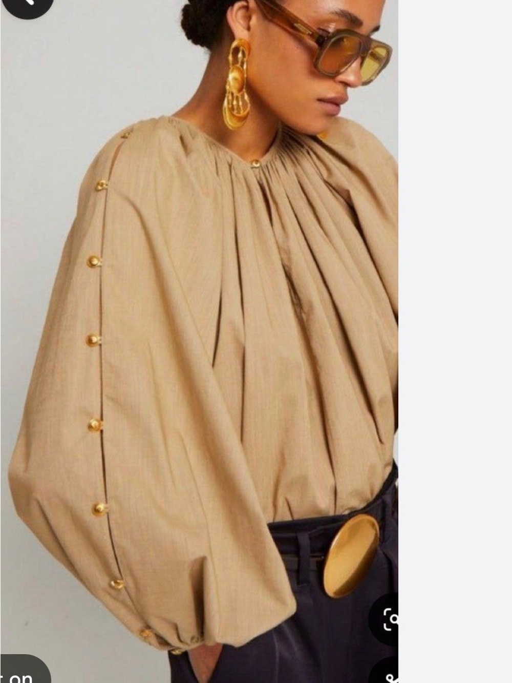Loft Tan Gold Button Balloon Sleeve Blouse Quiet Luxury Boho - Picture 2 of 4